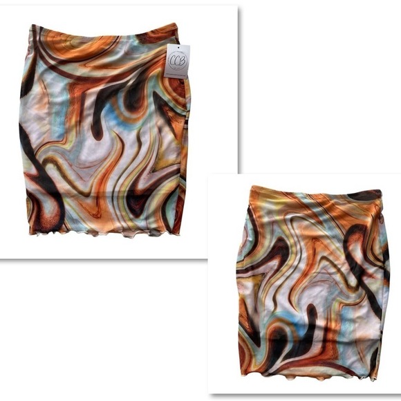 BLACKBEAD Abstract Marble Micro Mini Skirt Orange Brown Small Deep Wave Ruffle - Picture 6 of 6